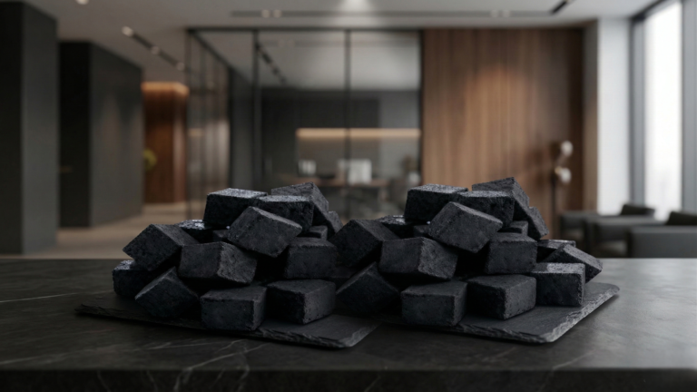 Premium coconut shell charcoal briquettes in cube shapes ready for international export and high-end BBQ use.