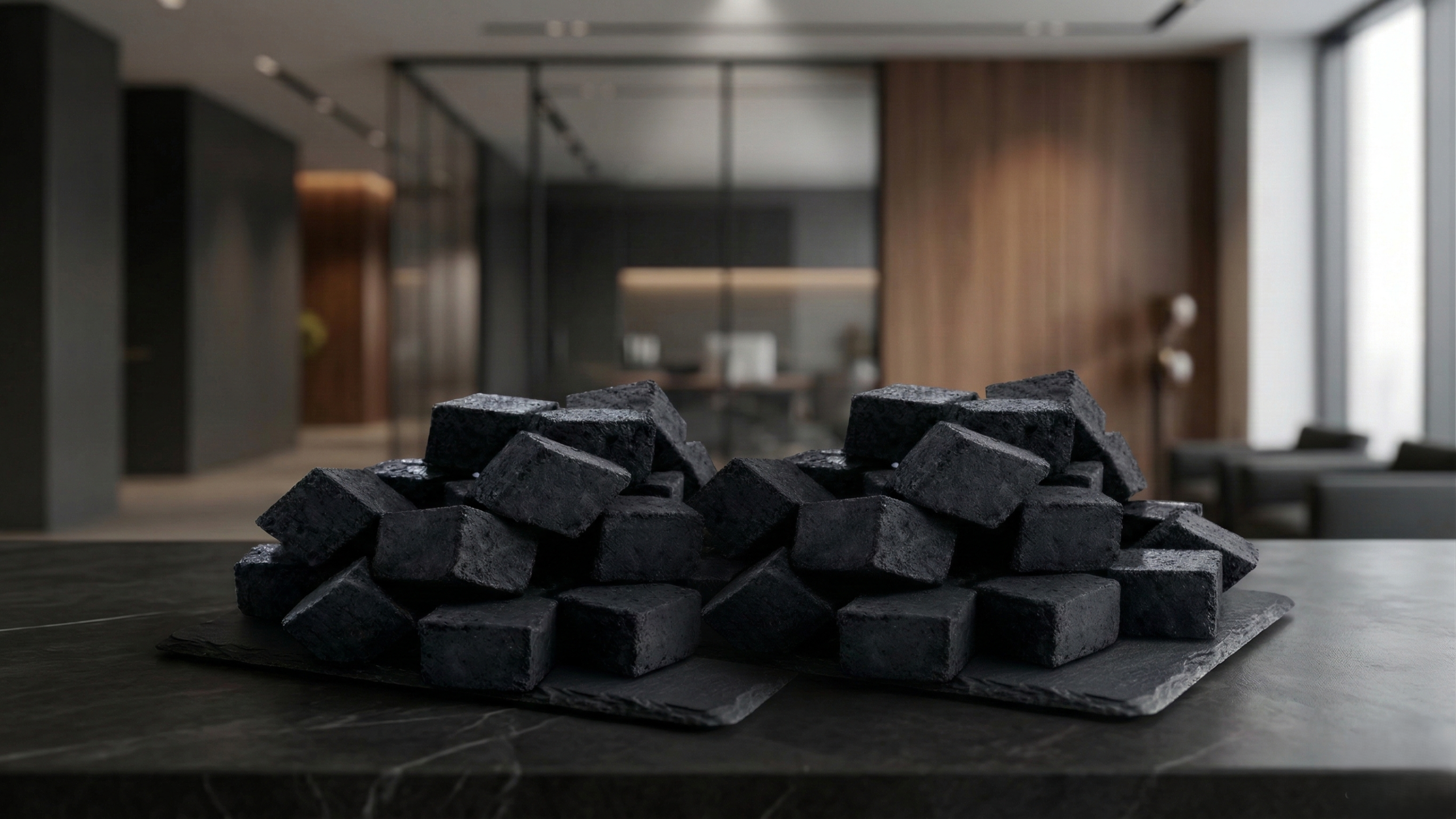 Premium coconut shell charcoal briquettes in cube shapes ready for international export and high-end BBQ use.