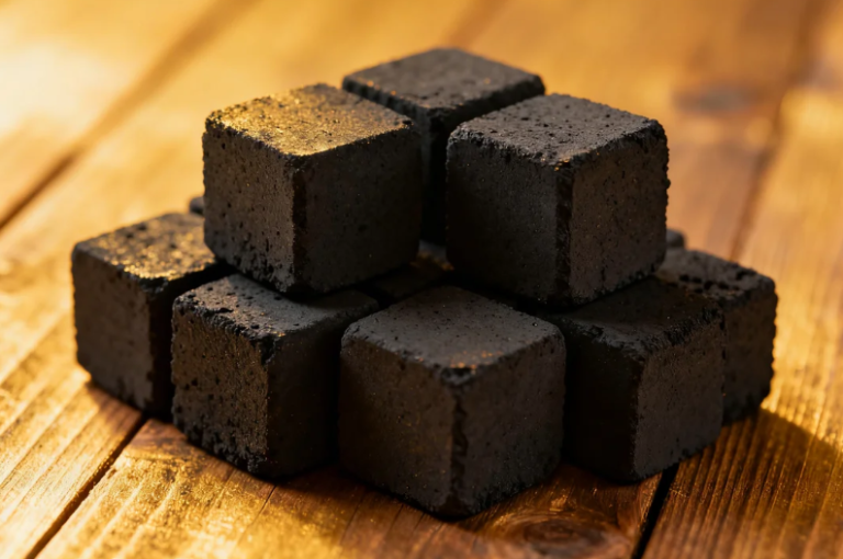 Tumpukan arang briket tempurung kelapa berbentuk kubus yang berkualitas tinggi dengan tekstur halus untuk bahan bakar BBQ.