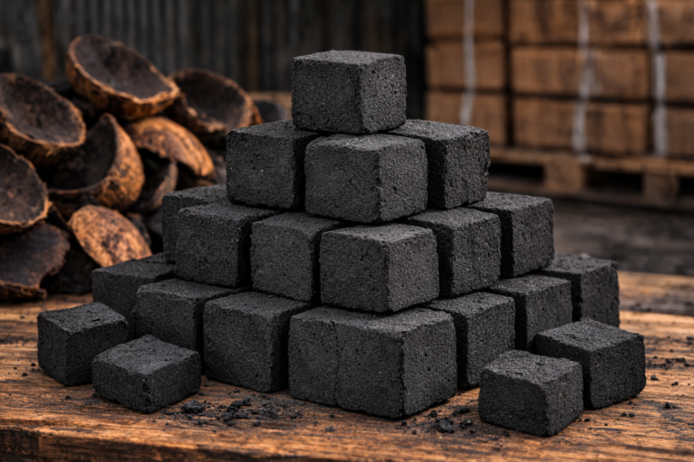 "Tumpukan briket arang kelapa bentuk kubus untuk keperluan barbeque"