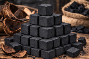 Tumpukan briket arang kelapa alami berbentuk kubus yang siap digunakan untuk panggangan BBQ dan ekspor industri.