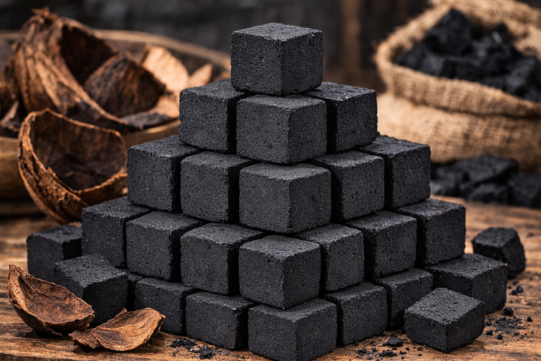 Tumpukan briket arang kelapa alami berbentuk kubus yang siap digunakan untuk panggangan BBQ dan ekspor industri.