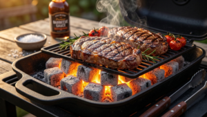 Tumpukan briket arang batok kelapa berkualitas tinggi untuk BBQ dengan panas stabil dan tanpa asap menyengat.