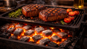 Daging panggang menggunakan coconut charcoal briket di atas panggangan.