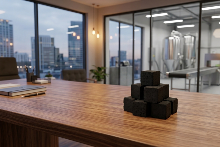 Proses produksi di pabrik briket arang kelapa Indonesia dengan standar kualitas ekspor premium untuk pasar internasional.