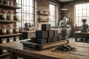 Pabrik briket arang kelapa Indonesia memproduksi briket bentuk cube berkualitas premium untuk pasar ekspor internasional.