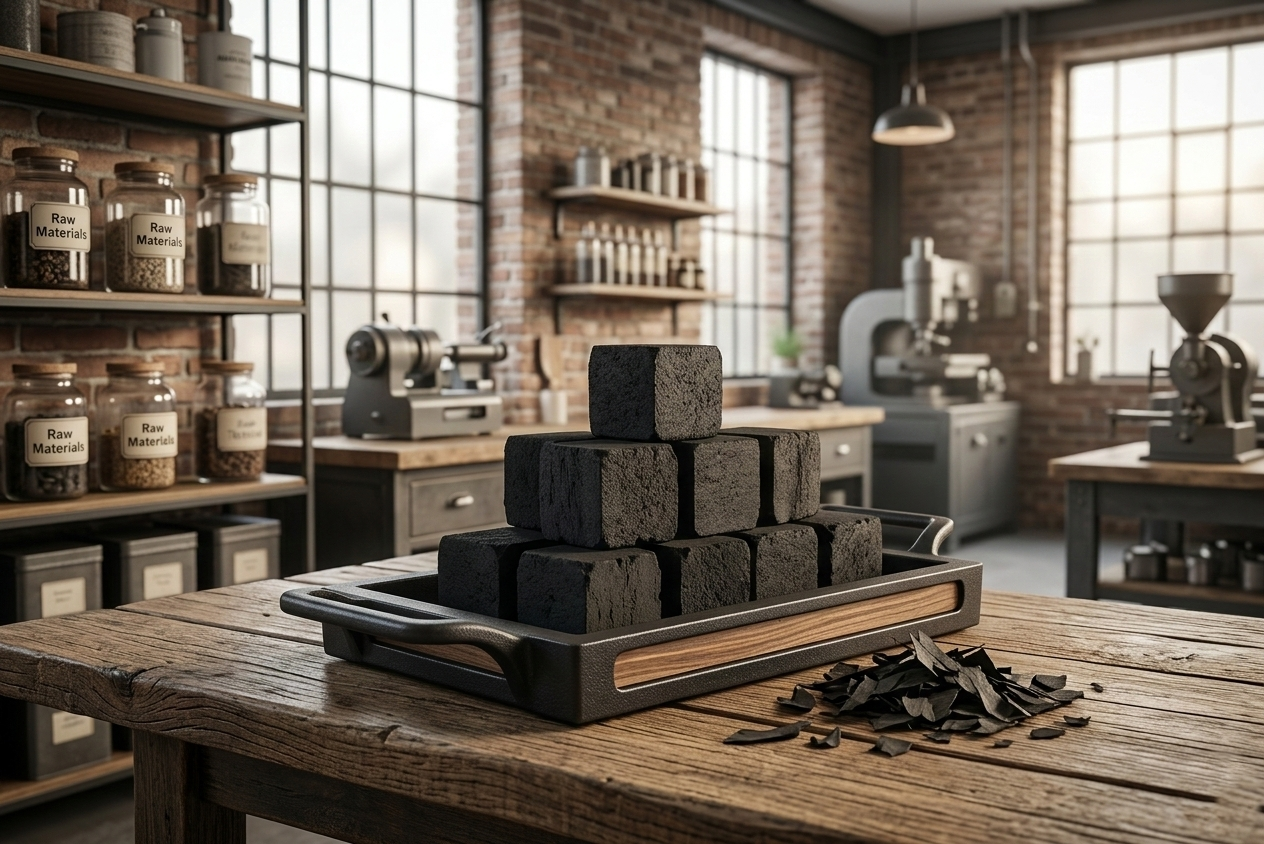 Pabrik briket arang kelapa Indonesia memproduksi briket bentuk cube berkualitas premium untuk pasar ekspor internasional.