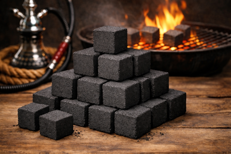 Tumpukan briket arang kelapa organik kualitas ekspor berbentuk kubus untuk shisha dan panggangan BBQ premium, Rasio 3:2