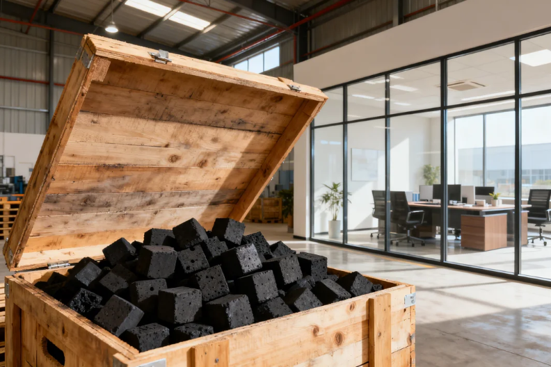 Tumpukan arang briket kelapa bentuk kubus berkualitas premium untuk ekspor dan kebutuhan bahan bakar BBQ tanpa asap.