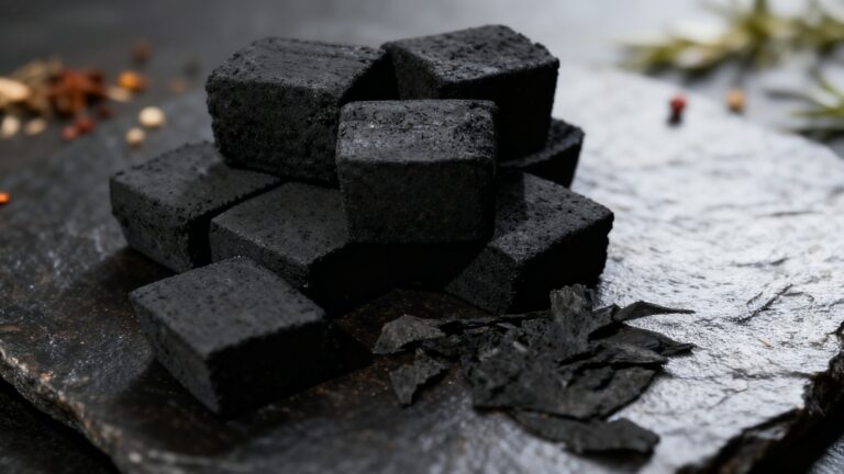 Tumpukan eco-friendly charcoal briquettes berbentuk kubus dari tempurung kelapa untuk keperluan ekspor dan bahan bakar BBQ.