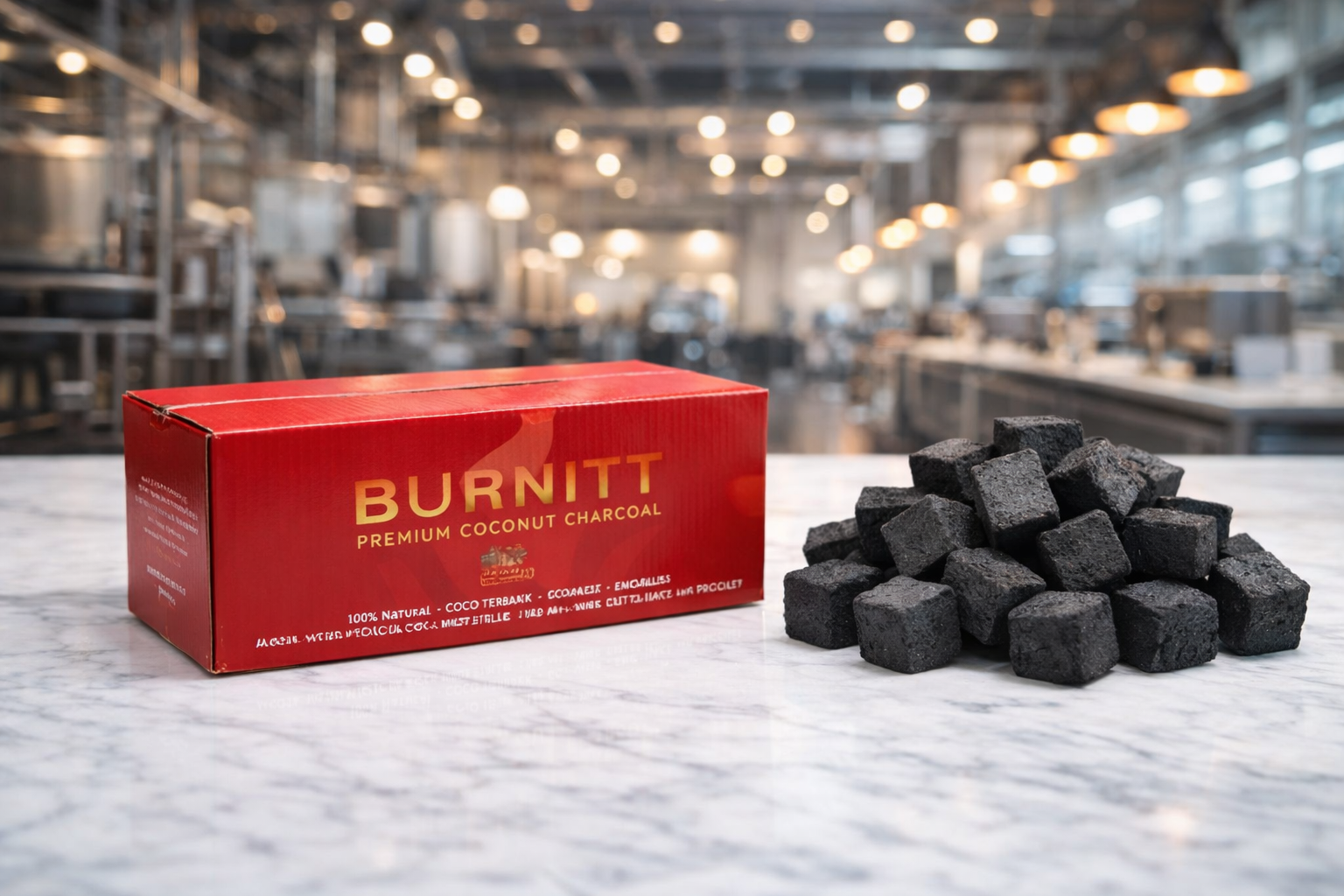 Tumpukan briket arang berbentuk kubus hasil produksi pabrik modern.