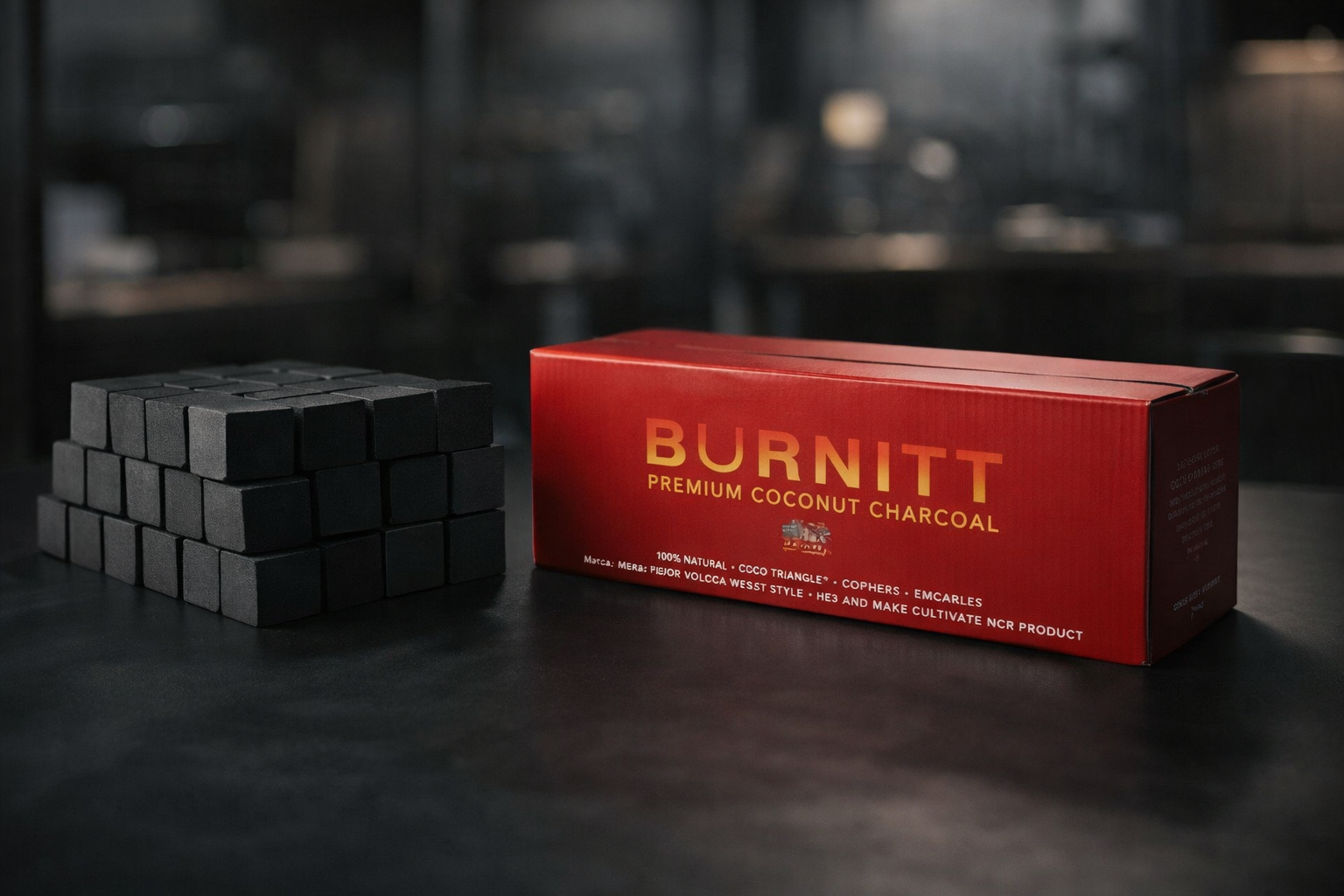 Tumpukan briket tempurung kelapa kualitas ekspor berbentuk kubus hitam pekat dari pabrik supplier briket terpercaya.