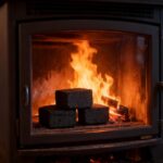 Tumpukan briket arang tempurung kelapa berbentuk kubus yang sedang membara mengeluarkan panas stabil tanpa asap berlebih.