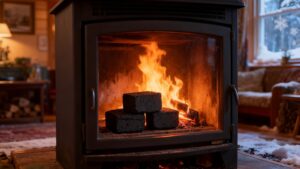 Tumpukan briket arang tempurung kelapa berbentuk kubus yang sedang membara mengeluarkan panas stabil tanpa asap berlebih.