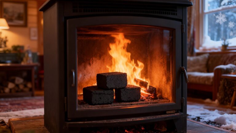 Tumpukan briket arang tempurung kelapa berbentuk kubus yang sedang membara mengeluarkan panas stabil tanpa asap berlebih.