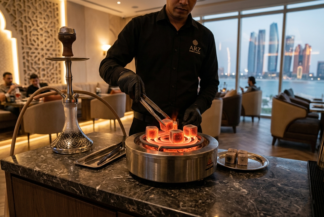 Proses pembakaran arang shisha yang bersih tanpa banyak abu di sebuah lounge Abu Dhabi.