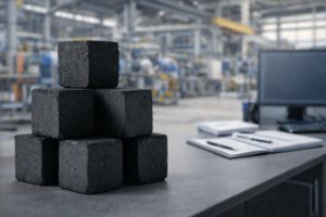 Tumpukan briket arang kelapa tanpa asap berbentuk kubus untuk keperluan barbeque dan shisha berkualitas tinggi.