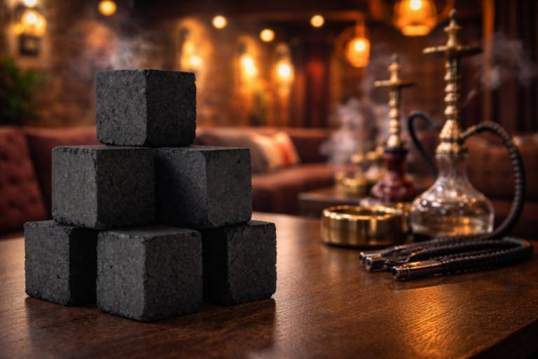 Tumpukan briket arang kelapa tanpa asap berbentuk kubus untuk keperluan barbeque dan shisha berkualitas tinggi.