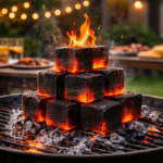 Tumpukan briket arang batok kelapa berbentuk kubus untuk barbeque berkualitas tinggi dengan panas stabil.