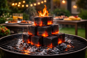 Tumpukan briket arang batok kelapa berbentuk kubus untuk barbeque berkualitas tinggi dengan panas stabil.