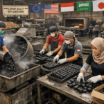 Tumpukan arang briket tempurung kelapa siap ekspor ke luar negeri.