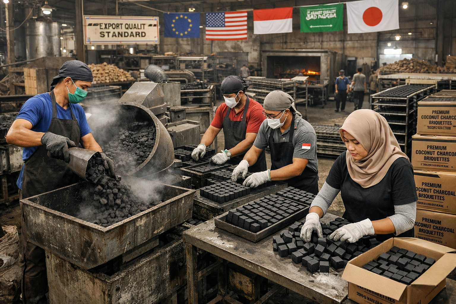 Tumpukan arang briket tempurung kelapa siap ekspor ke luar negeri.