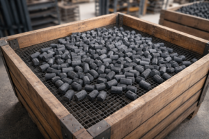 Pemeriksaan kepadatan briket charcoal hasil cetakan mesin sebelum masuk ke tahap pengeringan oven.