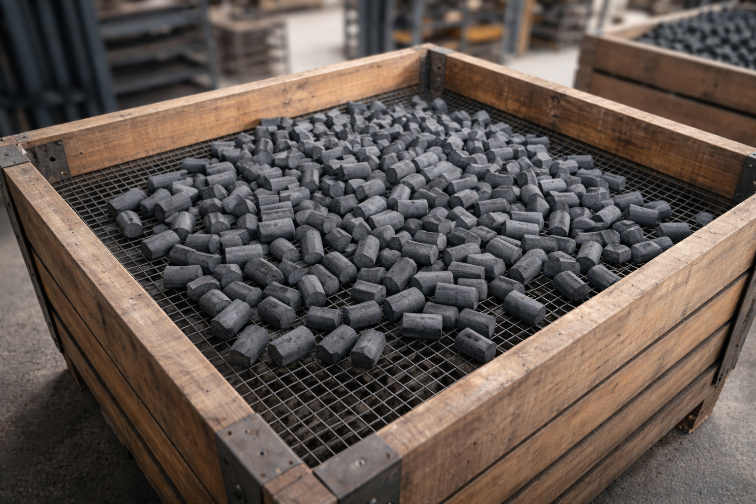 Pemeriksaan kepadatan briket charcoal hasil cetakan mesin sebelum masuk ke tahap pengeringan oven.