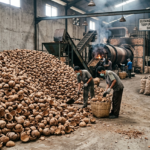 Tumpukan briket arang kelapa kualitas ekspor siap kirim dari gudang pabrik briket Indonesia.