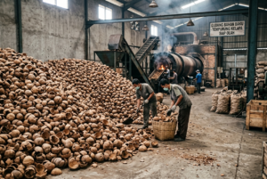 Tumpukan briket arang kelapa kualitas ekspor siap kirim dari gudang pabrik briket Indonesia.