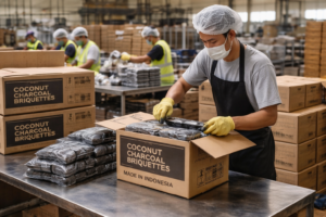 Proses pengemasan briket arang kelapa untuk pasar internasional di pabrik Indonesia.