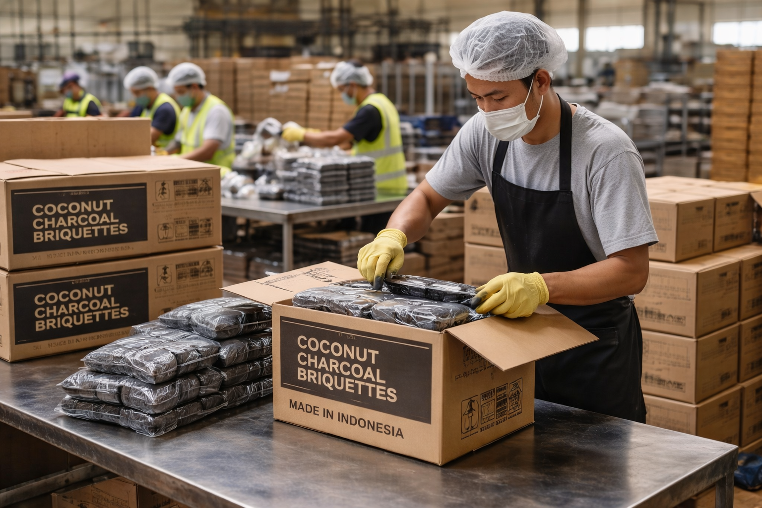 Proses pengemasan briket arang kelapa untuk pasar internasional di pabrik Indonesia.