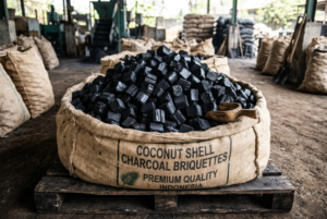 Tumpukan briket arang batok kelapa kualitas premium yang padat dan berwarna hitam pekat.