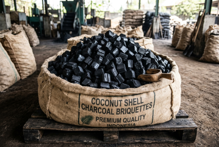 Tumpukan briket arang batok kelapa kualitas premium yang padat dan berwarna hitam pekat.