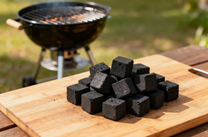 Tumpukan briket arang kelapa berbentuk kubus berkualitas tinggi untuk keperluan barbeque dan shisha tanpa asap.
