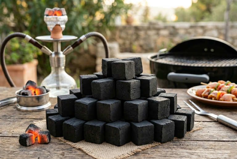 Tumpukan briket arang kelapa tanpa asap berbentuk kubus untuk keperluan barbeque dan shisha berkualitas tinggi.