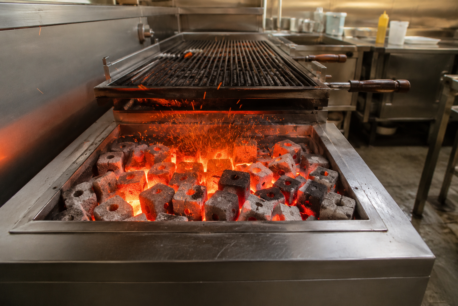 Proses pembakaran best coconut shell briquettes pada alat panggang profesional restoran modern.