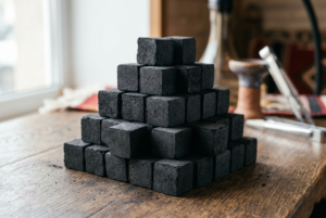 Tumpukan high quality coconut briquettes berbentuk kubus hitam padat.
