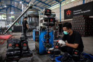 Proses pengemasan briket batok kelapa kualitas tinggi di pabrik modern.