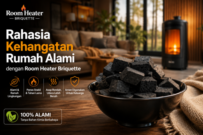 Tungku pemanas ruangan modern menggunakan room heater briquette ramah lingkungan.