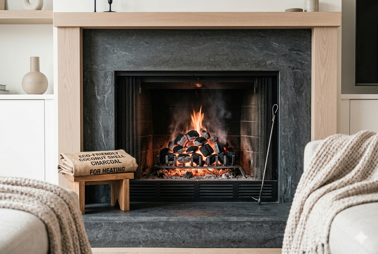 Eco-friendly coconut shell charcoal in a clean home fireplace.